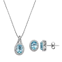 Genuine Blue Topaz and Created White Sapphire Oval Halo Necklace and Earring Set in Sterling Silver