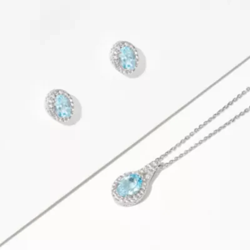 Genuine Blue Topaz and Created White Sapphire Oval Halo Necklace and Earring Set in Sterling Silver