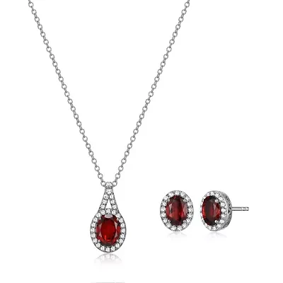 Genuine Garnet and Created White Sapphire Oval Halo Necklace and Earring Set in Sterling Silver
