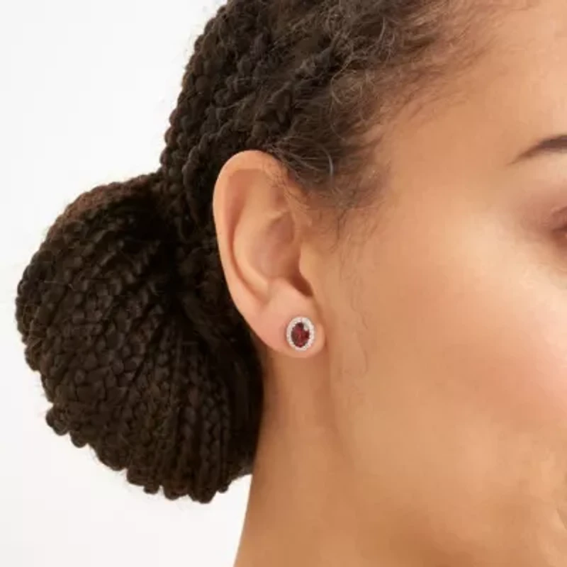 Genuine Garnet and Created White Sapphire Oval Halo Necklace and Earring Set in Sterling Silver