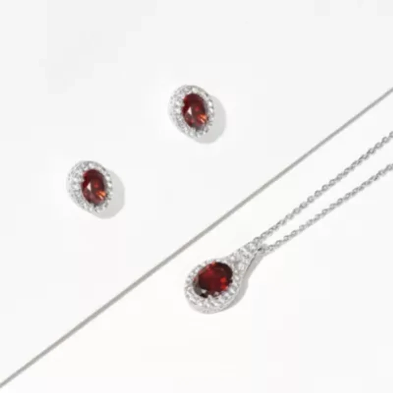 Genuine Garnet and Created White Sapphire Oval Halo Necklace and Earring Set in Sterling Silver