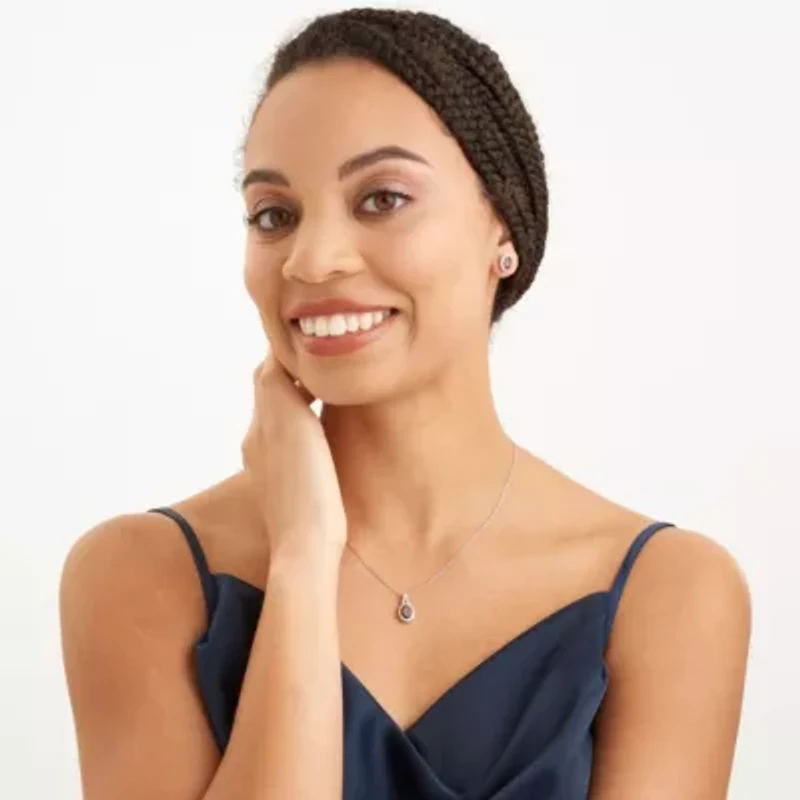 Genuine Garnet and Created White Sapphire Oval Halo Necklace and Earring Set in Sterling Silver