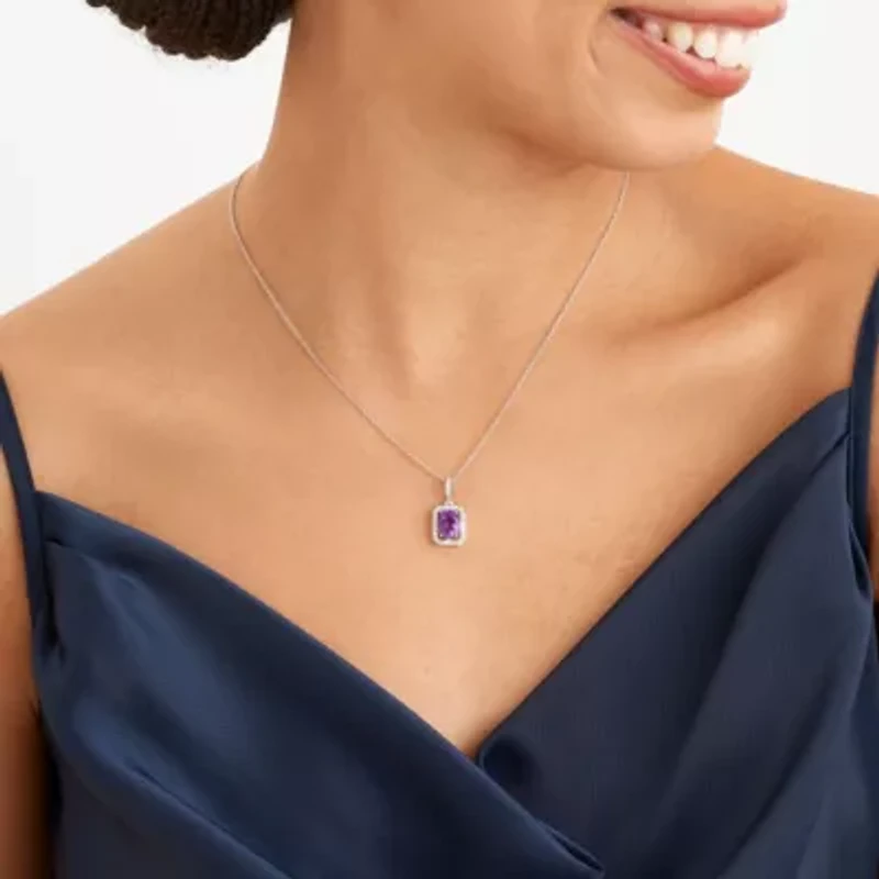 Genuine African Amethyst and Created White Sapphire Halo Necklace and Earring Set in Sterling Silver