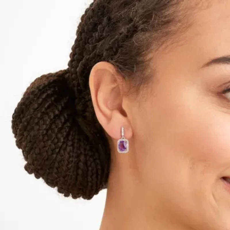 Genuine African Amethyst and Created White Sapphire Halo Necklace and Earring Set in Sterling Silver