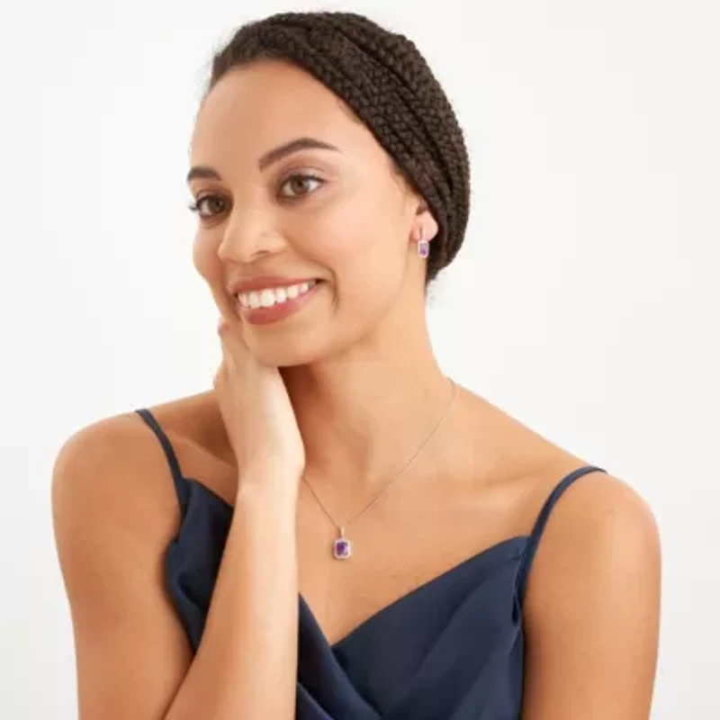 Genuine African Amethyst and Created White Sapphire Halo Necklace and Earring Set in Sterling Silver