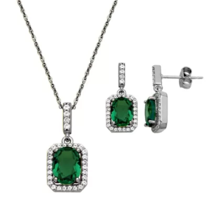 Simulated Emerald and Created White Sapphire Halo Necklace and Earring Set in Sterling Silver