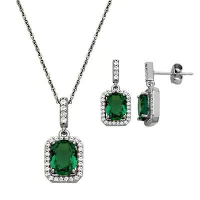 Simulated Emerald and Created White Sapphire Halo Necklace and Earring Set in Sterling Silver