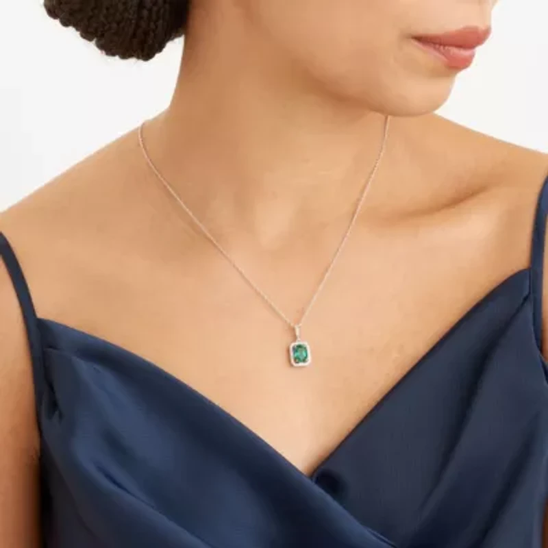 Simulated Emerald and Created White Sapphire Halo Necklace and Earring Set in Sterling Silver