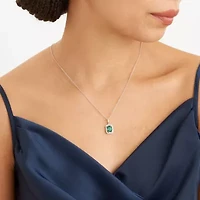 Simulated Emerald and Created White Sapphire Halo Necklace and Earring Set in Sterling Silver
