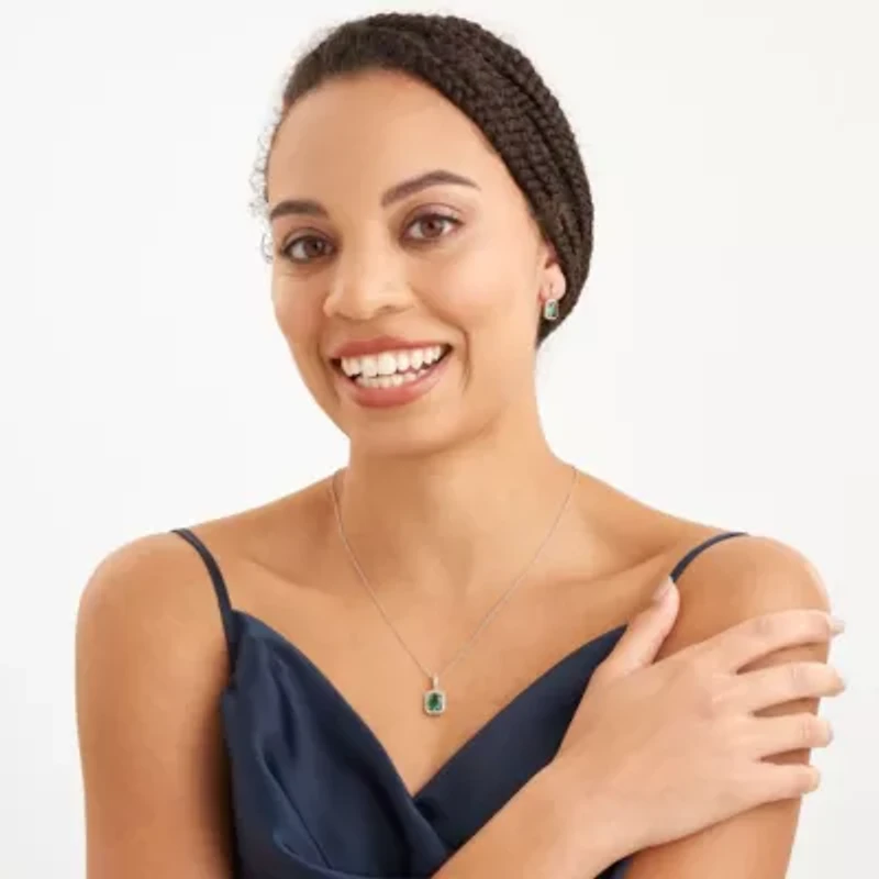 Simulated Emerald and Created White Sapphire Halo Necklace and Earring Set in Sterling Silver