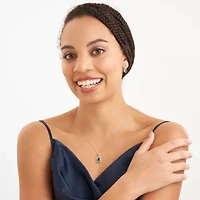 Simulated Emerald and Created White Sapphire Halo Necklace and Earring Set in Sterling Silver
