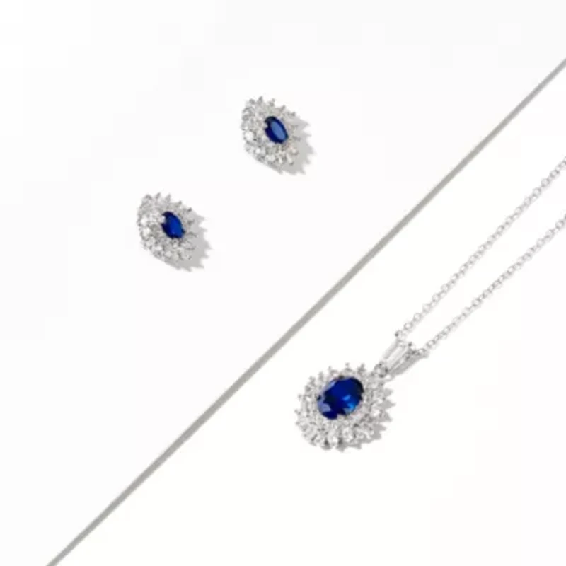 Created Blue and White Sapphire Double Halo Necklace and Earring Set in Sterling Silver