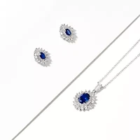 Created Blue and White Sapphire Double Halo Necklace and Earring Set in Sterling Silver