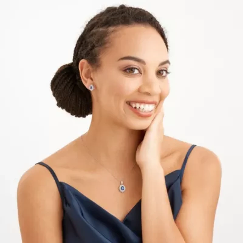 Created Blue and White Sapphire Double Halo Necklace and Earring Set in Sterling Silver