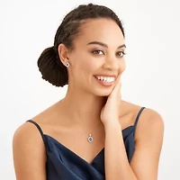 Created Blue and White Sapphire Double Halo Necklace and Earring Set in Sterling Silver