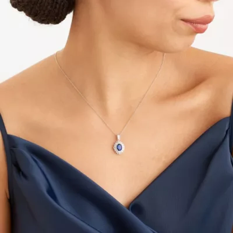 Created Blue and White Sapphire Double Halo Necklace and Earring Set in Sterling Silver