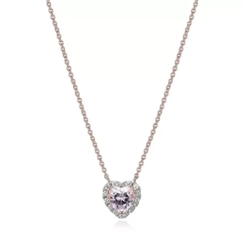 18K Rose Gold Plated Sterling Silver Women's Created Pink Sapphire and Lab Grown Diamond Halo Heart Necklace
