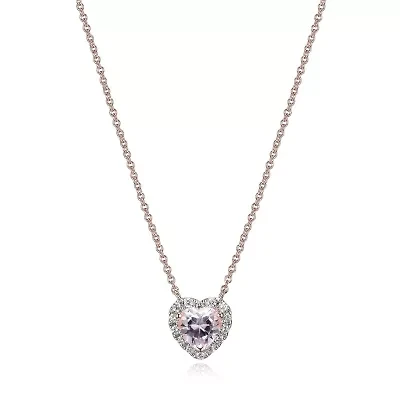 18K Rose Gold Plated Sterling Silver Women's Created Pink Sapphire and Lab Grown Diamond Halo Heart Necklace