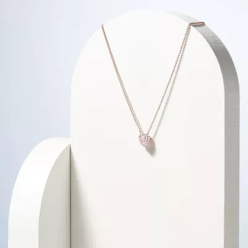18K Rose Gold Plated Sterling Silver Women's Created Pink Sapphire and Lab Grown Diamond Halo Heart Necklace