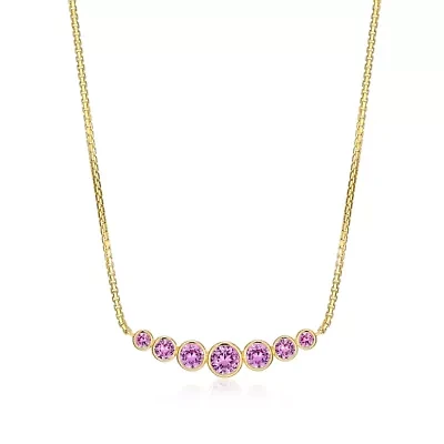 Lab Created 18K Yellow Gold Plated Sterling Silver Women’s Created Pink Sapphire Graduated Necklace