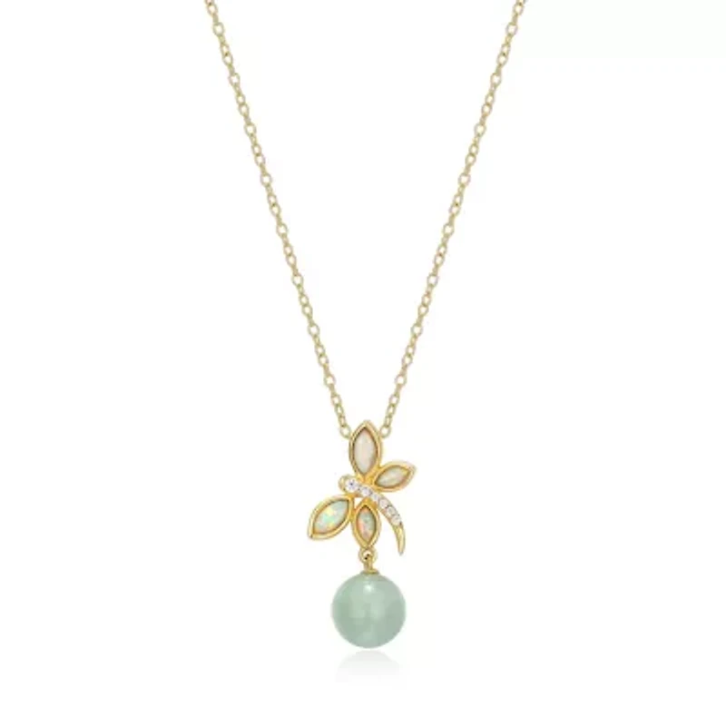 18k Gold Plated Sterling Silver Genuine Jade , Created Opal and Cubic Zirconia Dragonfly Pendant Necklace