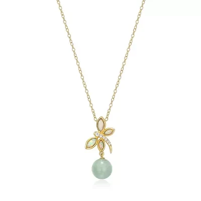 18k Gold Plated Sterling Silver Genuine Jade , Created Opal and Cubic Zirconia Dragonfly Pendant Necklace