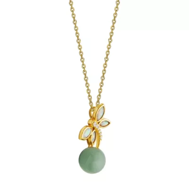 18k Gold Plated Sterling Silver Genuine Jade , Created Opal and Cubic Zirconia Dragonfly Pendant Necklace