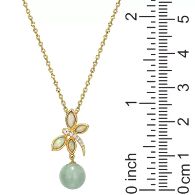 18k Gold Plated Sterling Silver Genuine Jade , Created Opal and Cubic Zirconia Dragonfly Pendant Necklace