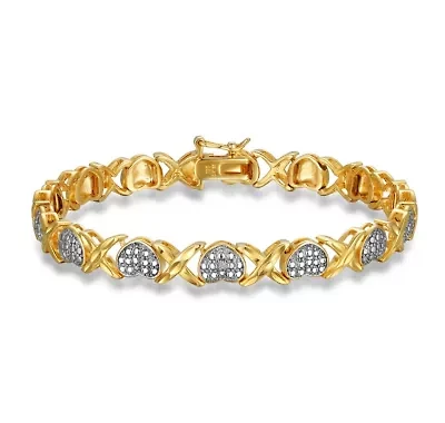 Diamond Accent Heart X&O Bracelet in 18k Yellow Gold Plated Sterling Silver