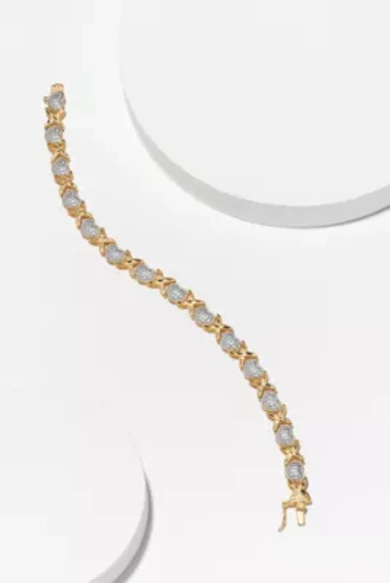 Diamond Accent Heart X&O Bracelet in 18k Yellow Gold Plated Sterling Silver