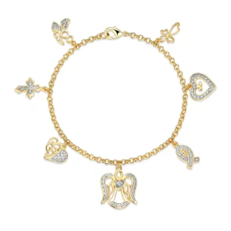 Diamond Accent Multi Charm Bracelet in 18k Yellow Gold Plated Sterling Silver