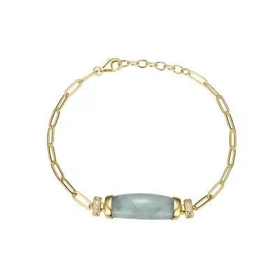 18k Gold Plated Sterling Silver Genuine Jade and Cubic Zirconia Paperclip Bracelet