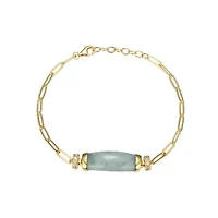 18k Gold Plated Sterling Silver Genuine Jade and Cubic Zirconia Paperclip Bracelet