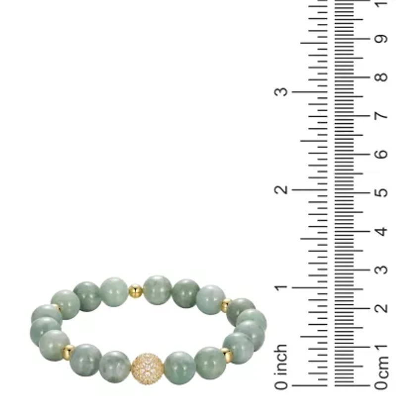 Genuine Green Jade and Created White Sapphire Bead Bracelet in 18K Gold-plated Sterling Silver