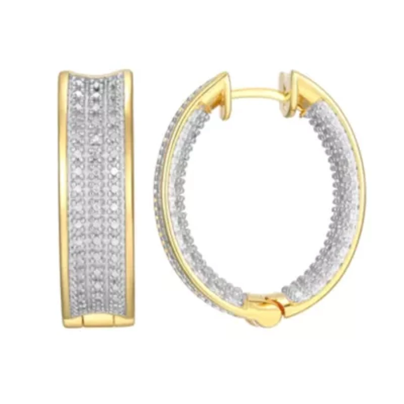 Diamond Accent Wide Hinged Hoop Earrings in 18k Yellow Gold and Rhodium Plated Sterling Silver