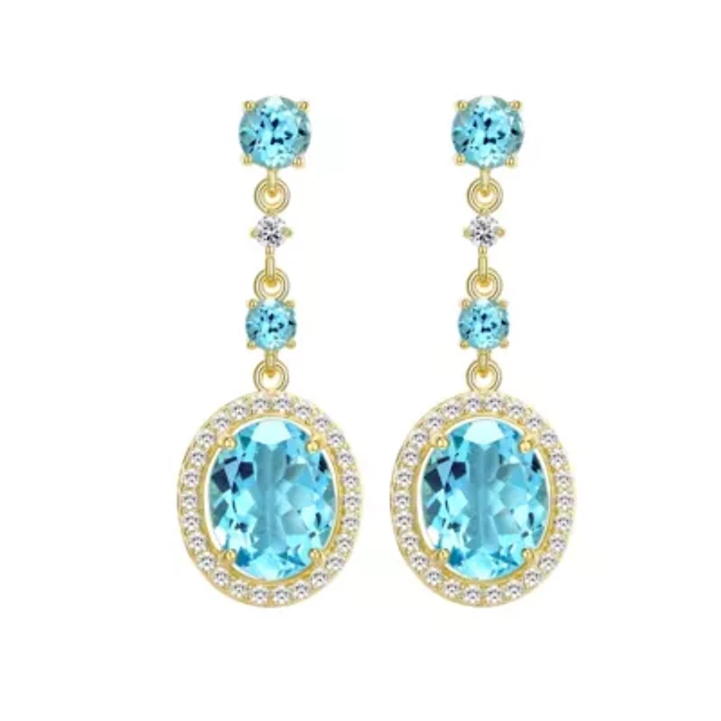 Genuine Blue Topaz and Created White Sapphire Earrings in 18K Gold-plated Sterling Silver
