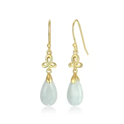Genuine Green Jade Pear Drop Shepherds Hook Earrings in 18k Yellow Gold Plated Sterling Silver