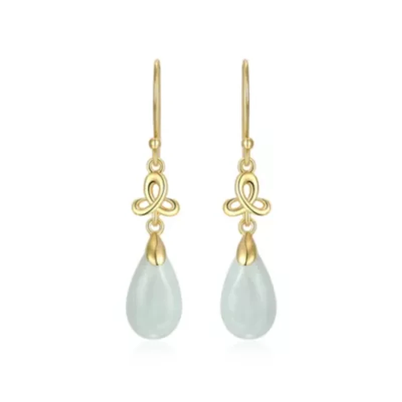 Genuine Green Jade Pear Drop Shepherds Hook Earrings in 18k Yellow Gold Plated Sterling Silver