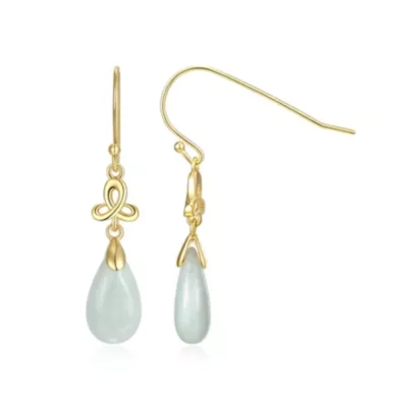 Genuine Green Jade Pear Drop Shepherds Hook Earrings in 18k Yellow Gold Plated Sterling Silver