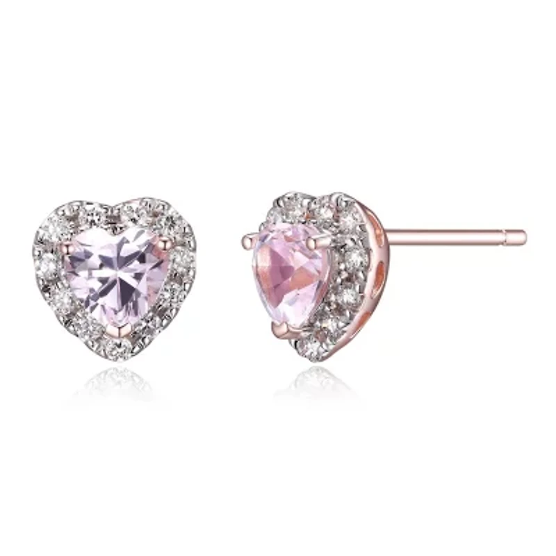 18K Rose Gold Plated Sterling Silver Women's Created Pink Sapphire and Lab Grown Diamond Halo Heart Earrings