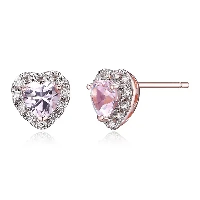 18K Rose Gold Plated Sterling Silver Women's Created Pink Sapphire and Lab Grown Diamond Halo Heart Earrings