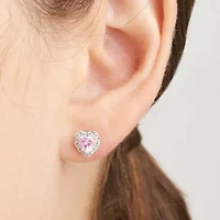 18K Rose Gold Plated Sterling Silver Women's Created Pink Sapphire and Lab Grown Diamond Halo Heart Earrings