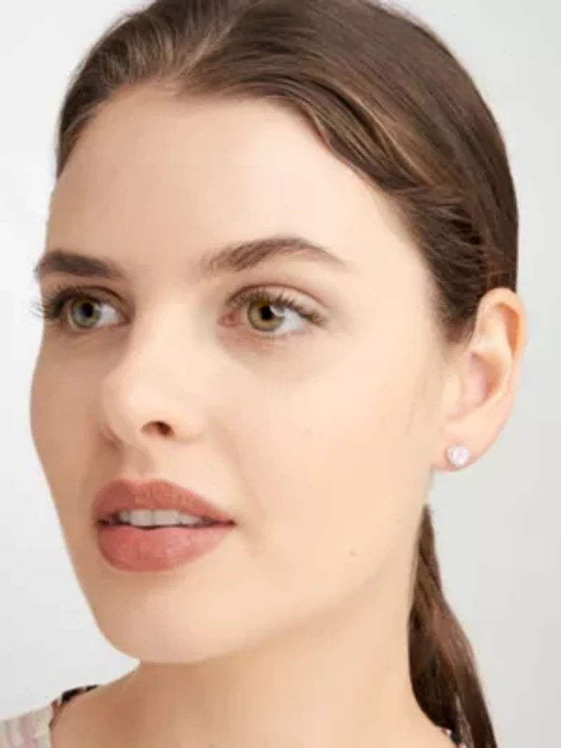 18K Rose Gold Plated Sterling Silver Women's Created Pink Sapphire and Lab Grown Diamond Halo Heart Earrings