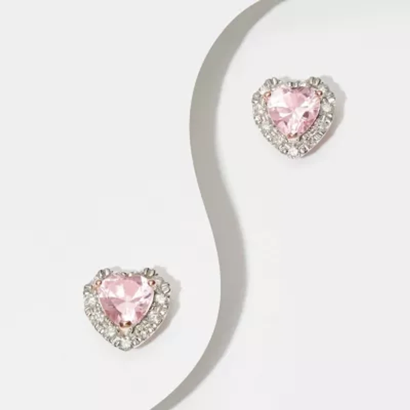18K Rose Gold Plated Sterling Silver Women's Created Pink Sapphire and Lab Grown Diamond Halo Heart Earrings