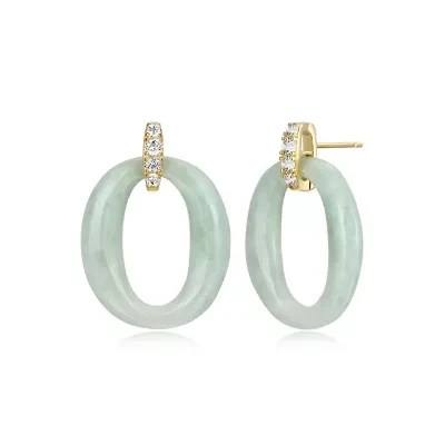 Genuine Green Jade and White Topaz Circle Stud Earrings in 18K Gold-plated Sterling Silver