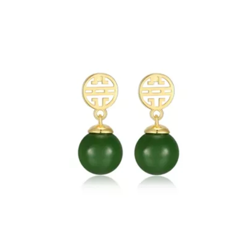 Genuine Nephrite Jade Bead Drop Earrings In Sterling Silver