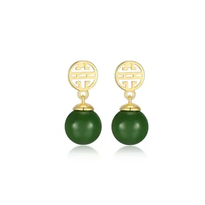 Genuine Nephrite Jade Bead Drop Earrings In Sterling Silver