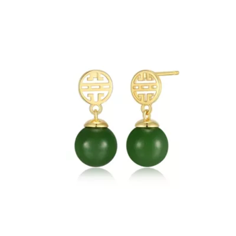 Genuine Nephrite Jade Bead Drop Earrings In Sterling Silver