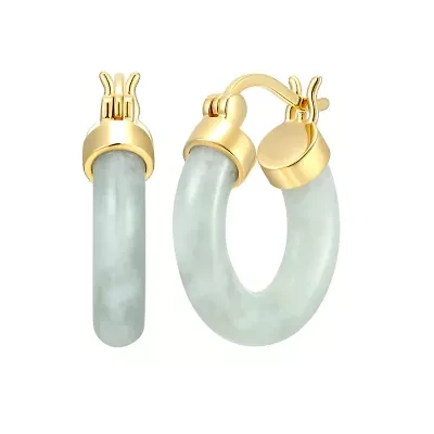 18k Yellow Gold Plated Sterling Silver Carved Genuine Green Jade 18mm Hoop Earrings