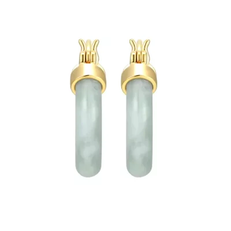 18k Yellow Gold Plated Sterling Silver Carved Genuine Green Jade 18mm Hoop Earrings